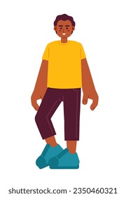 African american youngster standing semi flat color vector character. Black preteen boy smiling. Editable full body person on white. Simple cartoon spot illustration for web graphic design