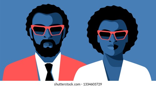 African americans, bearded man and woman with short hair. Male and female characters wearing suit and sunglasses. Abstract portraits of businessmen. Vector illustration