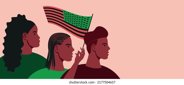 African Americans with Black Liberation flag celebrate Independence Day, copy space pattern flat vector stock illustration with people on parade for design