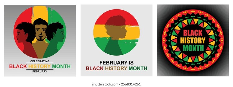 African Americans celebrate black history month. Silhouettes of African people in Pan-African colors. Celebrated in February and October. Black History Month concept. Set flat vector illustration.