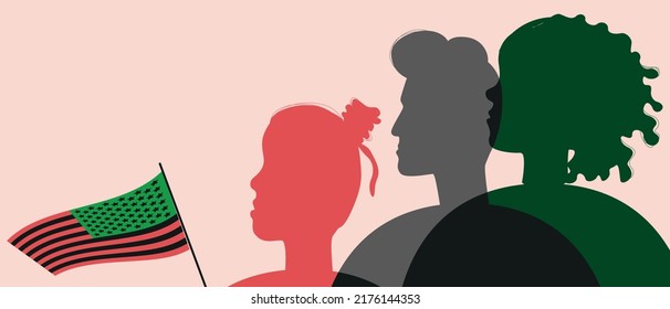 African Americans celebrate Independence Day, silhouette flat vector stock illustration with people on parade with Black Liberation flag