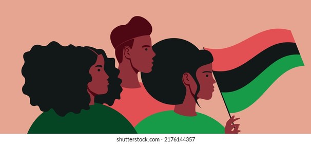 African Americans celebrate Independence Day, flat vector stock illustration with people on parade, African women and men with Pan-African flag