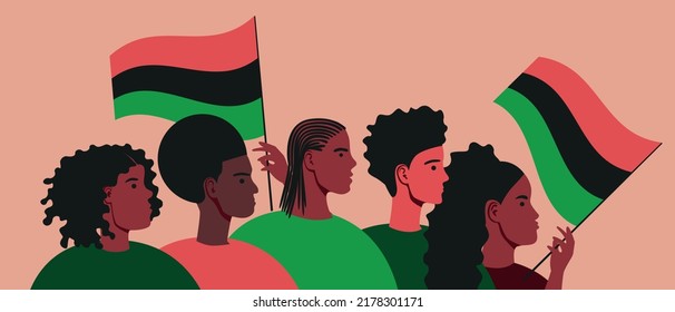 African Americans celebrate Independence Day, flat vector stock illustration with people on parade with Pan-African flag