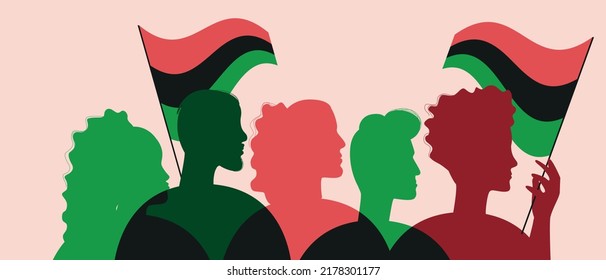 African Americans celebrate Independence Day, flat vector stock illustration with people on parade, crowd silhouette and Pan-African flag