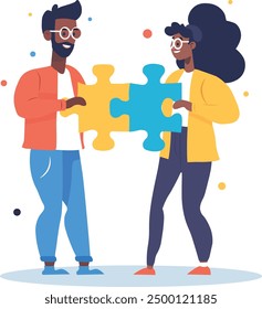 African Americans collect puzzles, a guy and a girl connect a chain of puzzles. Collaboration puzzles in the hands of a business team. Puzzles are a great element of teamwork to generate ideas.
Vector