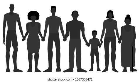 African Americans of different gender and age hold hands together. Hand drawn vector illustration. Silhouette of black skin people isolated on white background. Black Lives Matter, black history month