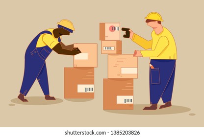 African Americans and Europeans take a photo of the barcode on the packaging shelves with a scanner. Warehouse worker scanning box. Checking the goods on a pallet using a barcode scanner