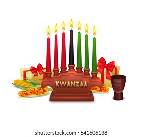 African americans kwanzaa holiday symbols composition poster with candles holder traditional presents corn ears and colors vector illustration  