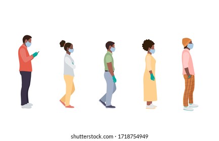 African Americans people stand queue. Full length of cartoon sick people in medical masks and gloves standing in line against at a safe distance. flat vector illustration