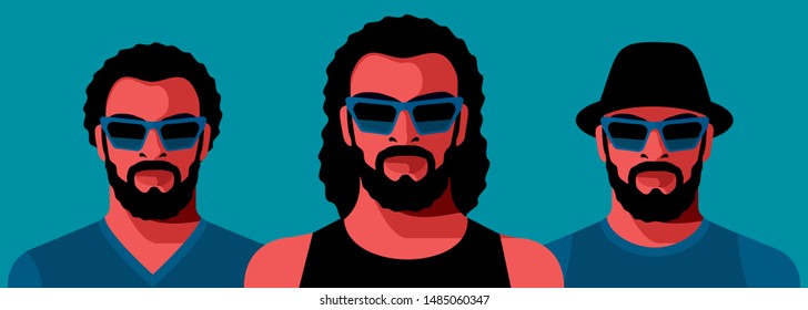 African americans, set of full face portraits. Three young bearded men in sportswear and sunglasses. Vector illustration