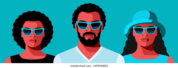 African americans, set of full face portraits. Bearded man and two young women, wearing summer clothes and sunglasses. Vector illustration