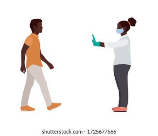 African Americans woman with mask and medical gloves warns man opposite him to keep distance. flat vector illustration