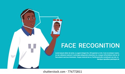African Americn Man Hold Smart Phone Scanning Face Recognition Concept Biometric Access Control Technology Flat Vector Illustration
