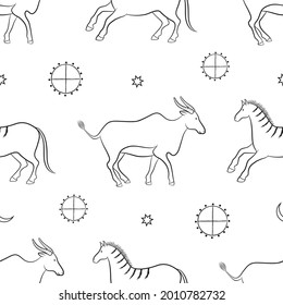 African ancient motives. Vector graphic seamless pattern with animals, buffalo and horse on a white background