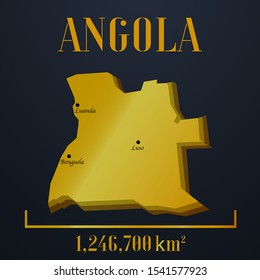 African Angola golden 3d solid country outline silhouette, realistic piece of world map template, for infographic, vector illustration, isolated object, background. From countries set