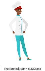 African angry chef cook in uniform screaming. Full length of angry chef cook clenching fists. Angry chef cook shouting with raised fists. Vector flat design illustration isolated on white background.