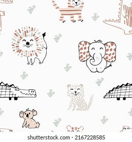 African animal baby cute summer seamless pattern. Sweet safari print.