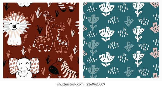 African animal baby cute summer seamless pattern. Sweet safari print.