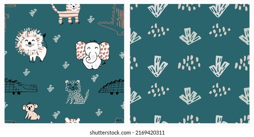 African animal baby cute summer seamless pattern. Sweet safari print.