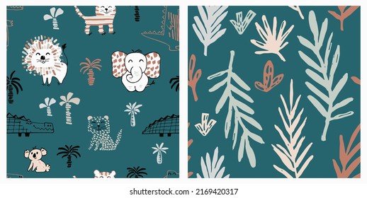 African animal baby cute summer seamless pattern. Sweet safari print.
