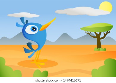 African animal bird in cartoon style on africa background