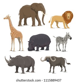 African animal cartoon icon set with wild savanna mammal. Elephant, lion and giraffe, rhino, hippo, zebra and buffalo animal for zoo, safari hunting and Africa wildlife themes design