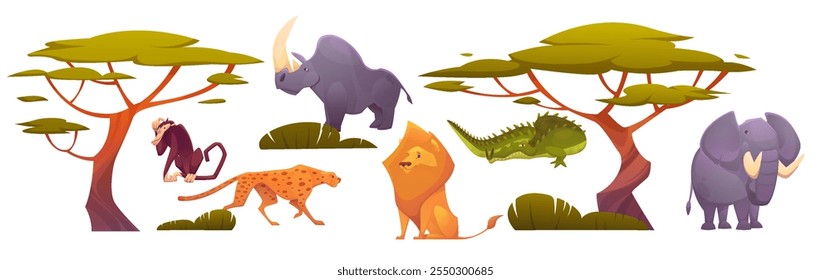 Animal africano. Fauna de la sabana de dibujos animados. Rinoceronte safari. Lindo elefante. Leopardo de la selva y guepardo. Babuino y león en África. Cocodrilo salvaje. Árboles de paisaje. Mamíferos exóticos. Conjunto de Elementos de parque zoológico de Vector