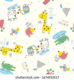 african animal cartoon vector, cow, giraffe, crocodile, hedgehog cute illustration