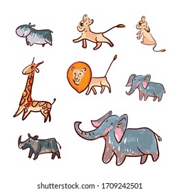 African animal collection. Elephant, hippo, lion, rhino, giraffe. Image imitating a cute, childish drawing. Naive art. Design elements for textile, paper. Vector graphics Isolated image, cartoon, flat