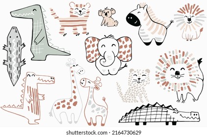 African animal cute summer print set. Crocodile, elephant, giraffe, zebra, tiger, leopard, kuala. Cool minimalistic illustration. Nursery, playroom decor, t-shirt, kids apparel, scandinavian design