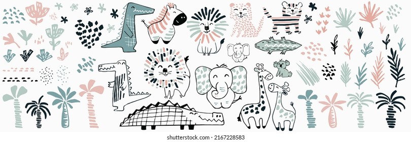 African animal cute summer print set. Cool minimalistic illustration.