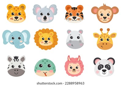 African animal faces  Cute simple animal portraits  Sweet funny animals  Hand drawn characters  Vector illustration 