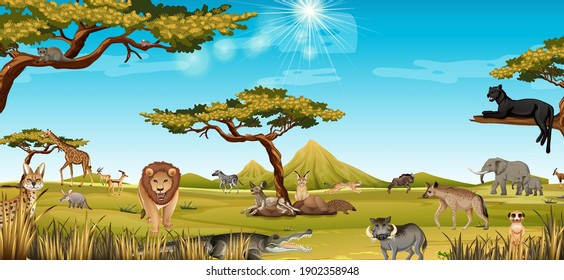 African Animal In The Forest Landscape Scene Illustration