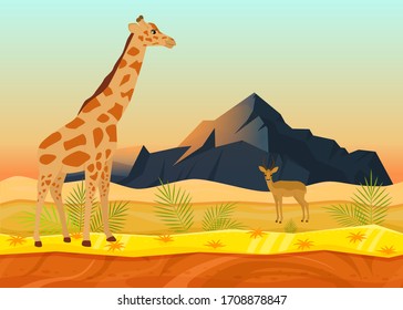 African animal giraffe deer, tropical natural landscape concept flat vector illustration. Beautiful desert place, rock mountain background. Herbivorous beast rest feed, wildlife living nature.