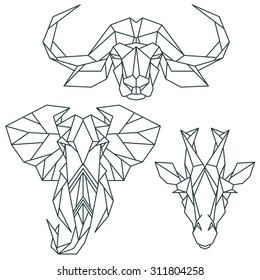 African animal icons, vector icon set. Abstract triangular style