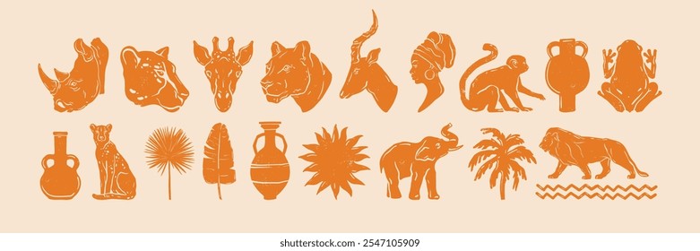 Conjunto de impresión de linograbado animal africano, forma de naturaleza de selva dibujada a mano de Vector, logotipo étnico boho moderno. Safari elemento de diseño salvaje, león, jirafa, mono, guepardo silueta de rinoceronte. Mínimo estampado africano