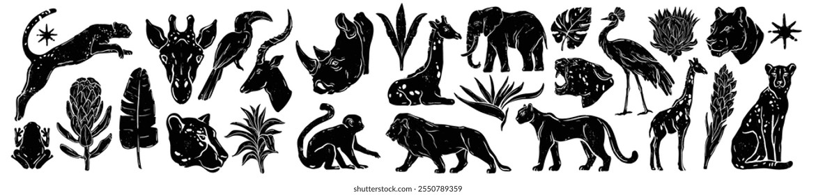 Conjunto de impressão de linocut animal africano, impressão de predadores selvagens com forma de flor de selva desenhada à mão. Elemento de design exótico Safari, leão, girafa, macaco, silhueta de rinoceronte chita. Logótipo africano para animais