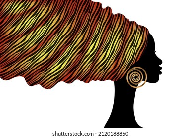 African animal print turban head wrap, portrait beauty Woman in Afro hairstyles, logo design black women hair dress, vector Africa ethnic template isolated on white background