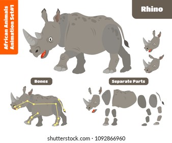 African Animal Rhino For Animation Set. Cartoon Style Vector Illustration