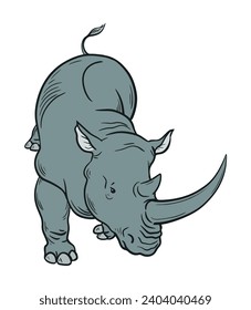 African animal rhinoceros. Big herbivorous mammal with a horn on its nose. Cartoon vector isolated illustration. Hand drawn outline