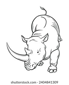 African animal rhinoceros. Big herbivorous mammal with a horn on its nose. Cartoon vector illustration. Hand drawn outline. Black ink