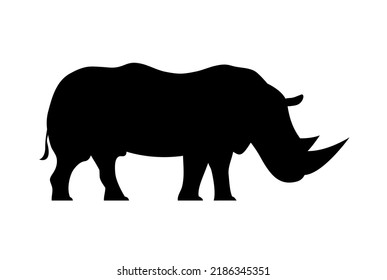 African animal rhinoceros. Black silhouette. Large herbivorous mammal with a horn. Fauna, safari and zoology. Design template for label, sign, logo. Vector illustration isolated on white background