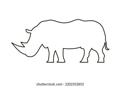 African animal rhinoceros. Black silhouette. Large herbivorous mammal with a horn. Fauna, safari and zoology. Design template for label, sign, logo. Vector illustration isolated on white background