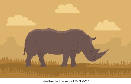 African animal rhinoceros. Large herbivorous mammal with a horn on its nose. Wild savanna landscape. Wildlife and zoo. Cartoon vector illustration