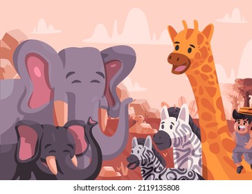 African animal safari giraffe elephant and zebra cartoon character tourism park landscape