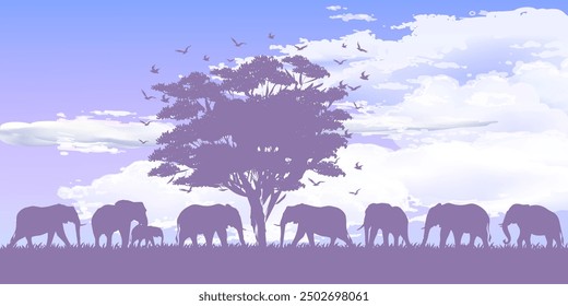 Safari de animales africanos grupo de elefantes camina a través de la sabana, silueta de la selva sobre fondo de Ilustración vectorial. Vida silvestre y colección de la naturaleza.