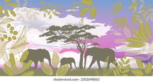 Safari de animales africanos grupo de elefantes camina a través de la sabana, silueta de la selva sobre fondo de Ilustración vectorial. Vida silvestre y colección de la naturaleza.