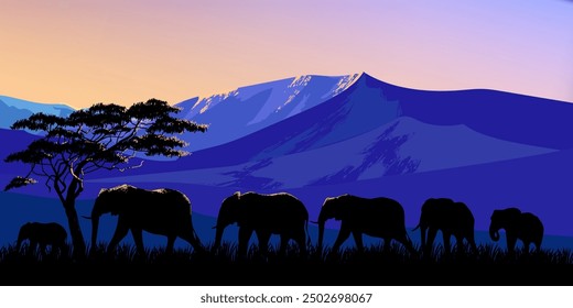 Safari de animales africanos grupo de elefantes camina a través de la sabana, silueta de la selva sobre fondo de Ilustración vectorial. Vida silvestre y colección de la naturaleza.