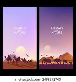 African animal safari walk trough the savanah, jungle silhouette on landscape vector illustration background. Wildlife and nature collection.