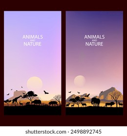 Safari de animales africanos camina a través de la sabana, silueta de la selva sobre fondo de Ilustración vectorial. Vida silvestre y colección de la naturaleza.